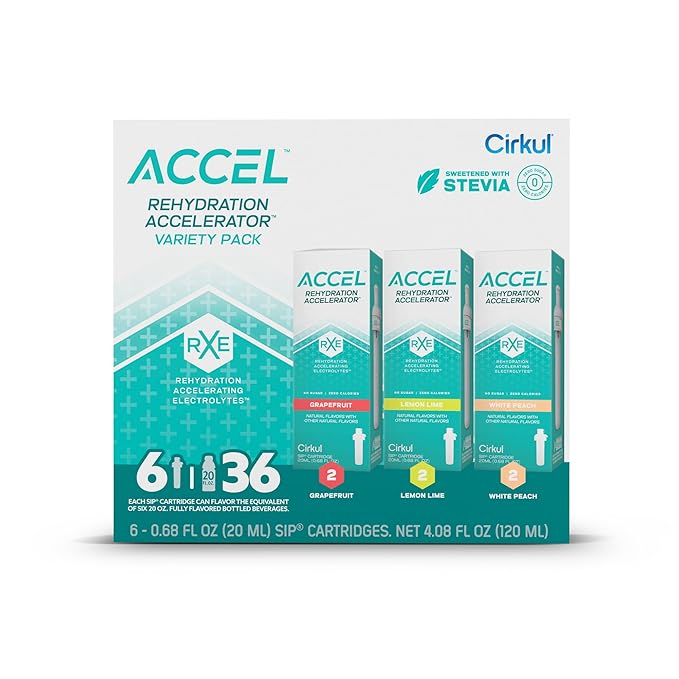Cirkul Accel Electrolytes Flavor Water Variety Pack, Makes 36 Drinks, No Sugar, Zero Calorie Drink Mix, (2 Grapefruit, 2 Lemon Lime, 2 White Peach)
