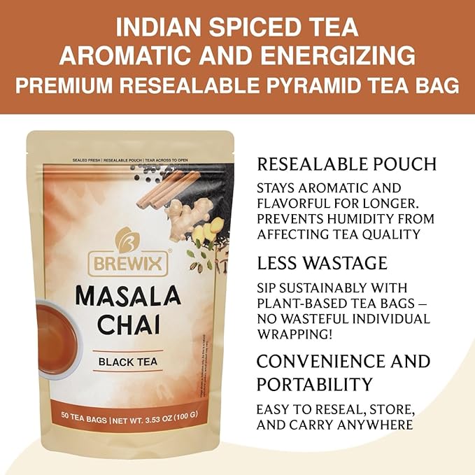 BREWIX, Masala Chai Tea Bags (50 Pyramid Tea Bags) Strong, Robust & Spicy - Pure Ingredients | Black Tea, Cinnamon, Ginger, Black Pepper, Cardamom & Cloves, Packed in Resealable Ziplock Pouch