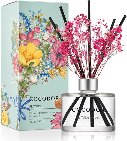 COCODOR Flower Reed Diffuser Set / 6.7oz / La Tulip Garden/Scent Diffuser with Sticks Home Fragrance Reed Diffuser for Bathroom Shelf Decor