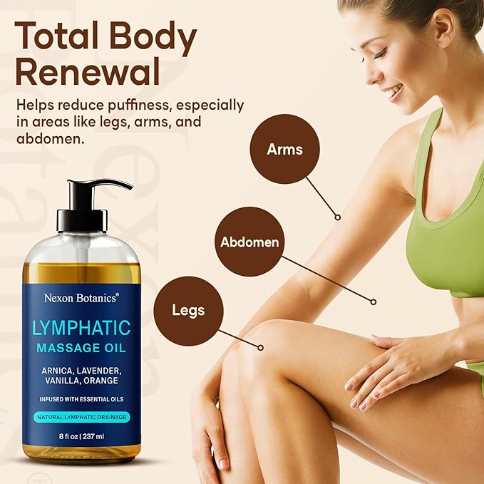 Lymphatic Drainage Massage Oil for Massage Therapy 8 fl oz - Refreshing and Relaxing - Natural Oils with Arnica, Vanilla and Lavender Oil - for Men and Women - Nexon Botanics