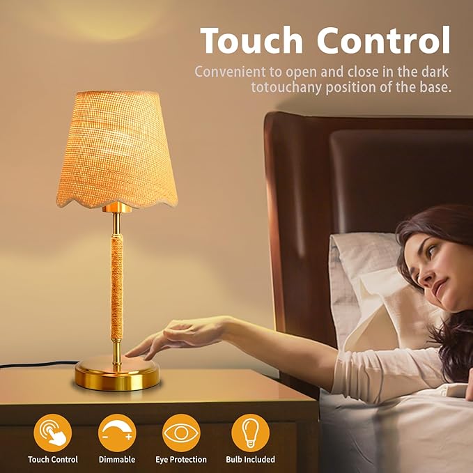 Boho Table Lamp for Bedroom, Touch Control Bedside Table Lamp with Brass Gold Base, Rattan Small Table Lamp for Small Space, Boho Lamp Rattan Lamp, Rustic Desk Lamp for Kitchen Counter, Nightstand