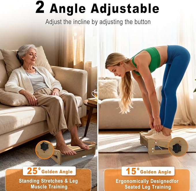 HOTWAVE Slant Board for Calf Stretching with Foot Massage Roller, Calf Stretcher Slant Board for Exercise, Portable Adjustable Bamboo Incline Slantboard for Ankle Knees Leg Physical Therapy Equipment