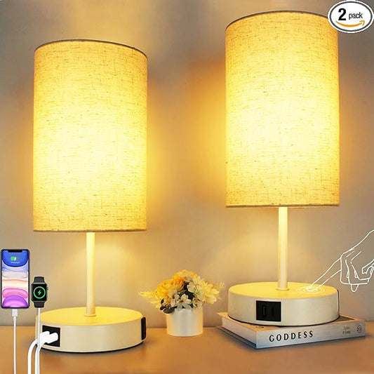 HiBay 17.75" Touch Bedside Table Lamps Set of 2 with USB Charging Ports & AC Outlet, Modern White Nightstand Lights for Bedroom, Living Room, Kids Room, 3-Way Dimmable, E26 LED Bulb Included