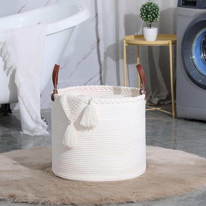 KAKAMAY Large Blanket Basket (18"x16"),Woven Baby Laundry Hamper,Cotton Rope Blanket Basket for Nursery, Laundry, Living Room, Pillows, Baby Toy chest with Leather Handles (White)