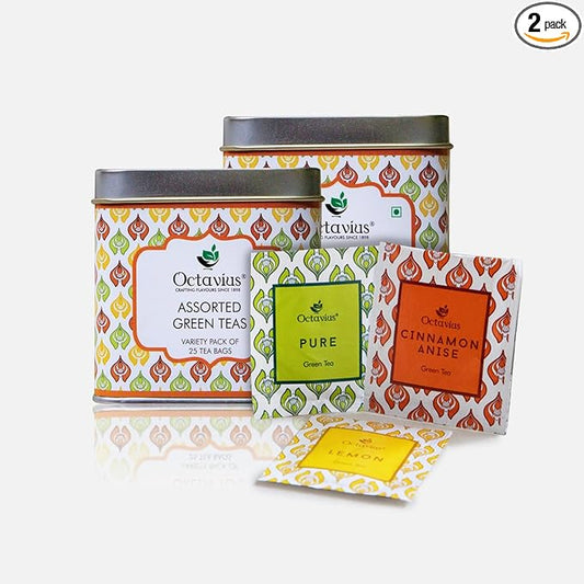 Octavius Tea Variety Pack | 3 Assorted Green Teas | 25 Teabags Per Pack | Sampler Tea Pack | Pack of 2 | 50 Teabags Total | Premium Indian Green Tea Collection
