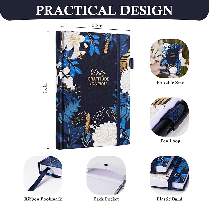 Gratitude Journal with 4 Inspirational Stickers: Undated Daily Gratitude Journal for Women and Men - More Happiness, Affirmation, and Mindfulness in A Few Minutes with Prompts & Quotes Floral