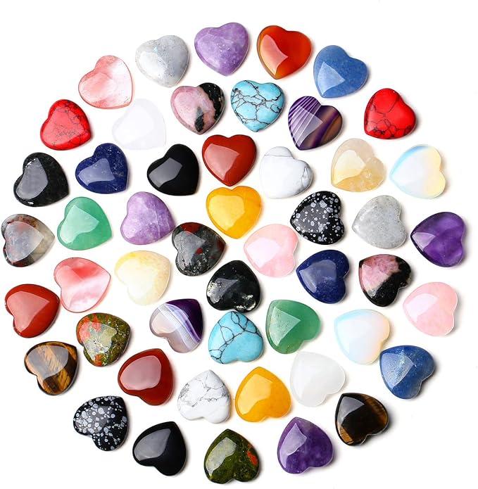 QINJIEJIE 50PCS Heart Crystals Stones Love Shaped Gemstones Rose Quartz Polished Crystal Bulk Chakra Palm Worry Stone Natural Cute Pocket Thumb Gems Reiki Balancing Meditation Wholesale Set Gifts Women Stocking Stuffers