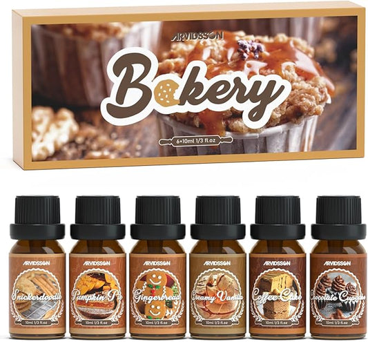 Bakery Fragrance Oils Set, ARVIDSSON Bakery Dessert Essential Oils for Candle Making, Pumpkin Pie, Snickerdoodle, Gingerbread, Creamy Vanilla and More, Cozy Fall Essential Oils for Diffuser