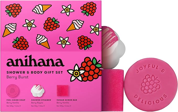 ANIHANA Berry Burst Shower & Body Gift Set with Shower Steamer, Body Scrub Bar, and Feel-Good Soap
