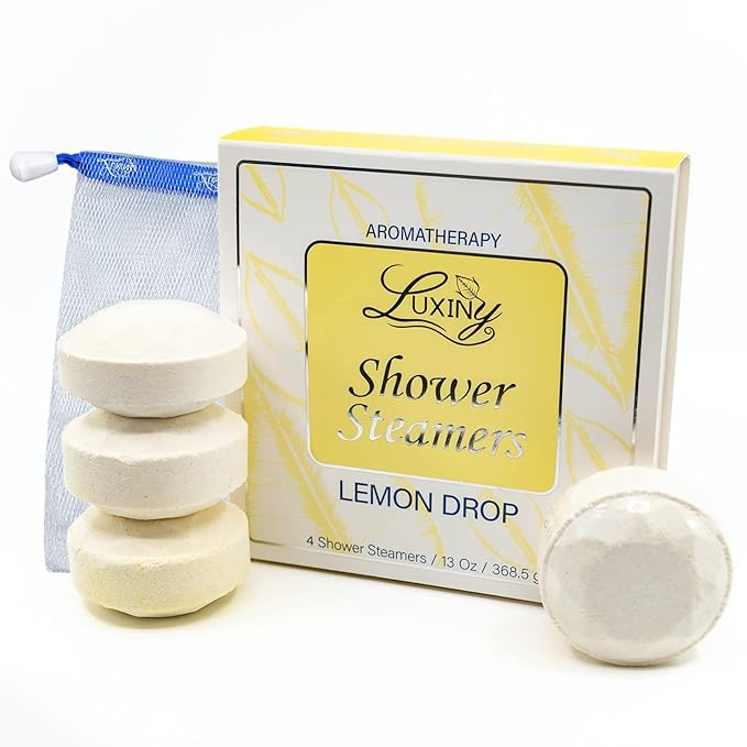 Shower Bombs Aromatherapy in Your Shower, American Made by Luxiny, Shower Steamer Tablets Melt to Release a Fragrant Vapor for Natural Stress Relief – Pack of 4 XL Steamers (Lemon Drop)