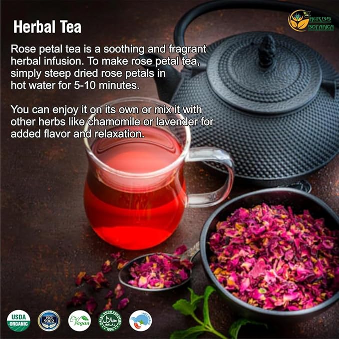 Herbs Botanica Dried Rose Petals Edible Perfect for Tea, Potpourri, Bath Bombs, Beauty Products, Resealable Bag for Freshness and Longevity Non-Toxic, Chemical-Free, 100% Non GMO 3.6 oz