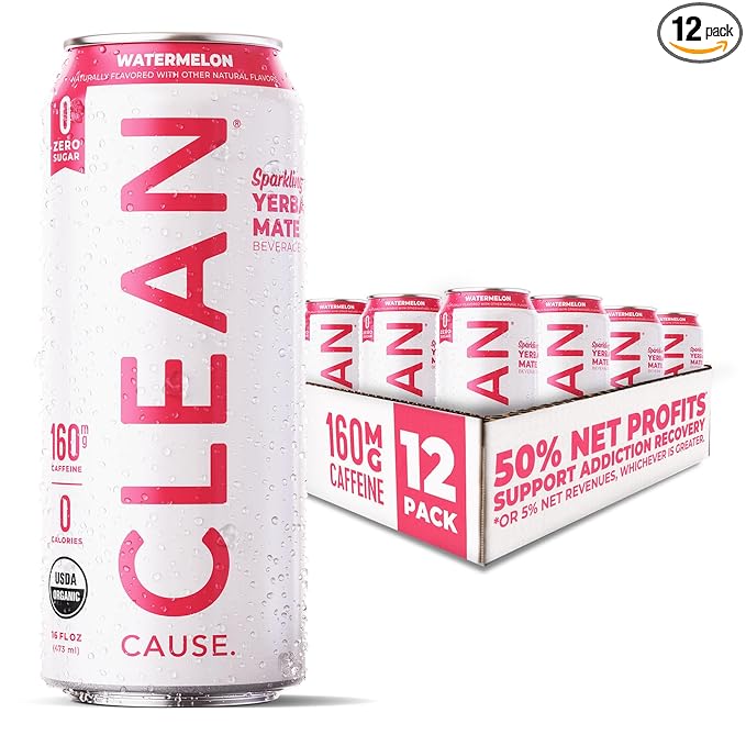 CLEAN Cause Zero Sugar Watermelon Yerba Mate Tea Sparkling, USDA Organic Energy Drink Alternative, Zero Calorie, 160mg Natural Caffeine, Soda Alternative, Plant-Based (16oz cans, 12-Pack Case)