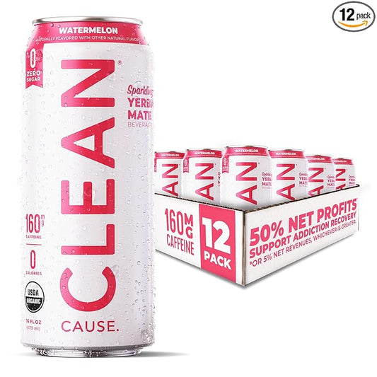 CLEAN Cause Zero Sugar Watermelon Yerba Mate Tea Sparkling, USDA Organic Energy Drink Alternative, Zero Calorie, 160mg Natural Caffeine, Soda Alternative, Plant-Based (16oz cans, 12-Pack Case)