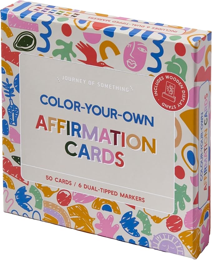 Journey of Something: Color Your Own Affirmation Cards - Mindfulness Positivity Art Kit, Dual-Tip Markers, Wooden Display Stand, Adults Activity