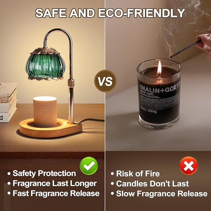 Candle Warmer Lamp with Timer,Dimmable Candle Warmer Light Adjustable Height Warmer Glass Lantern, Gifts for Women House Warming New Home Bedroom Decoration,Green