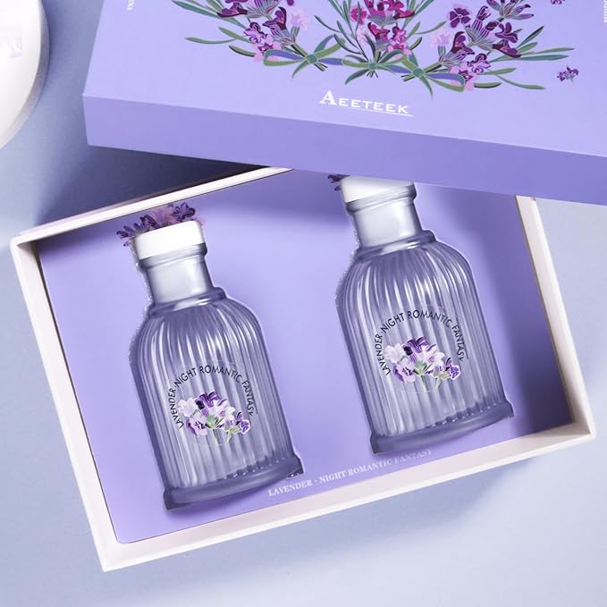 2-Pack Lavender Reed Diffuser Set - Floral and Woody Scented Home Fragrance | Lemon Moss Verbena Aroma Essential Oil | Aromatherapy Gifts for Bathroom Office Living Room Decor