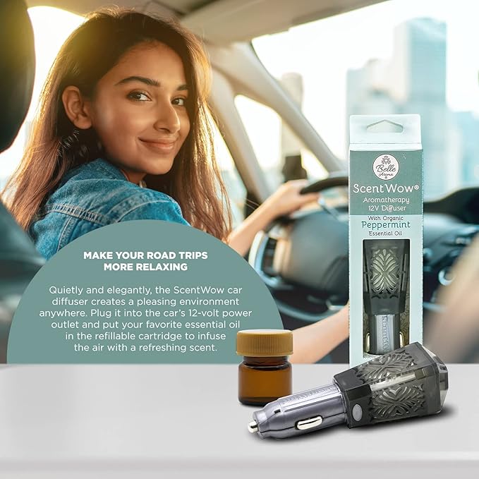 Belle Aroma ScentWow Aromatherapy - Peppermint Oil Car Diffuser for Essential Oils – Portable 12V Plug-In Mini Diffuser – Compact Travel Humidifier for Cars, Trucks & Small Spaces – Gray & Silver