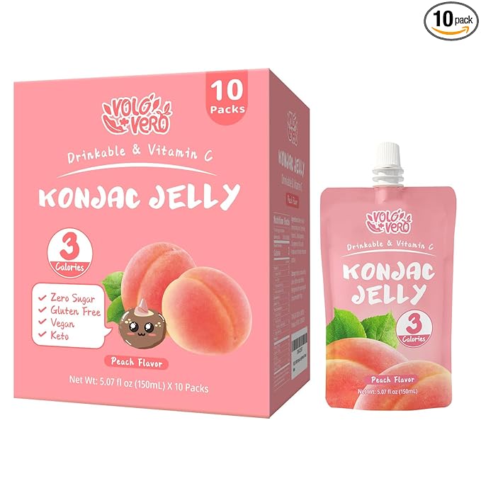 VOLO VERO Konjac Jelly Squeeze Pouch Peach Flavor, Low Calories (3 Kcal), 10 Packs, Gluten Free & Vegan, 0 Sugar, Keto, Low Carb, Drinkable Vitamin C Healthy Fruit Snacks, Holiday Gifts