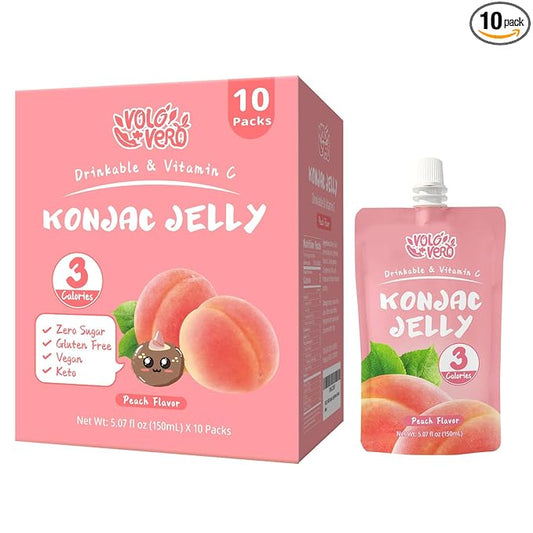 VOLO VERO Konjac Jelly Squeeze Pouch Peach Flavor, Low Calories (3 Kcal), 10 Packs, Gluten Free & Vegan, 0 Sugar, Keto, Low Carb, Drinkable Vitamin C Healthy Fruit Snacks, Holiday Gifts