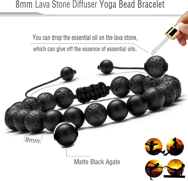 Hamoery Men Women 8mm Lava Rock Aromatherapy Anxiety Essential Oil Diffuser Bracelet Braided Rope Natural Stone Yoga Gifts Beads Bracelet Bangle-21017
