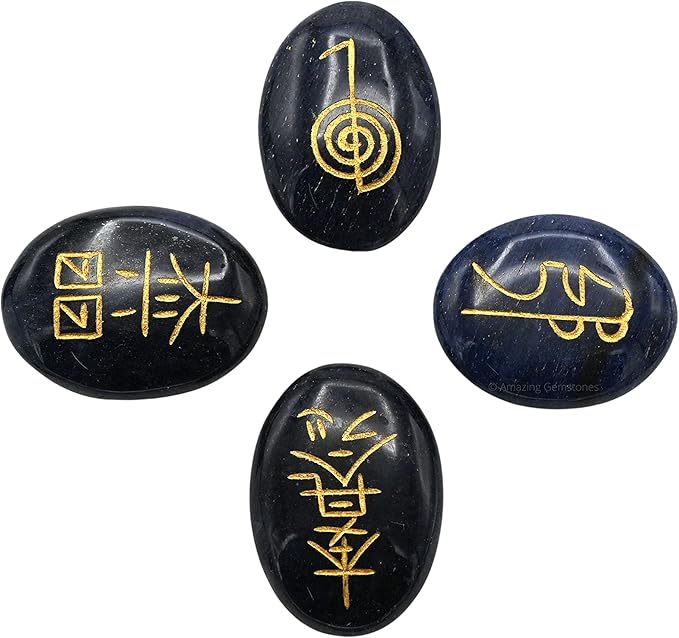 Amazing Gemstone Blue Aventurine Crystal Reiki Stones with Engraved Symbols for Usui Reiki Healing, Set of 4 Pcs (Indian Handmade Reiki Gift Set)