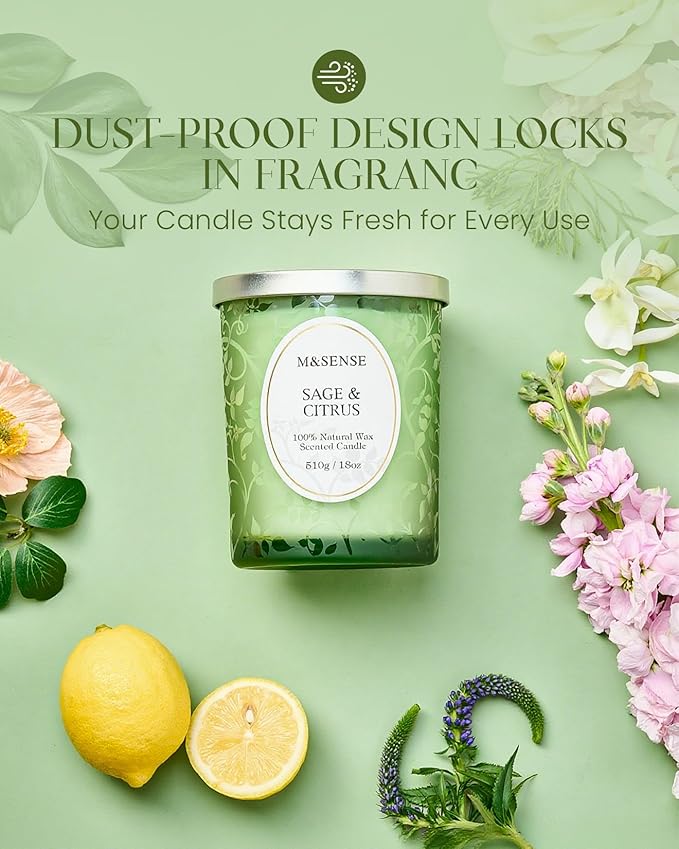 M&SENSE Sage Citrus Scented Candle, Wooden Wick Candle, 100 Hours Slow Burning Natural No Toxin Soy Wax 18oz, Stress Relief Relaxing Meditation Home Fragrance,Housewarming Gifts for Men Women