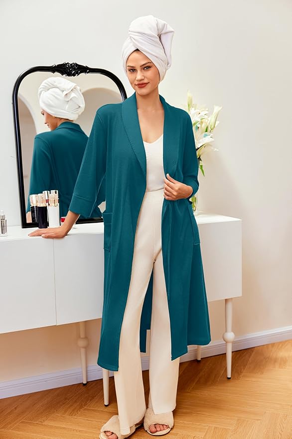 Ekouaer Robes for Women Long Waffle Knit Bathrobe Lightweight Kimono Robe Soft Shawl Collar Spa Robes with Pockets S-XXL