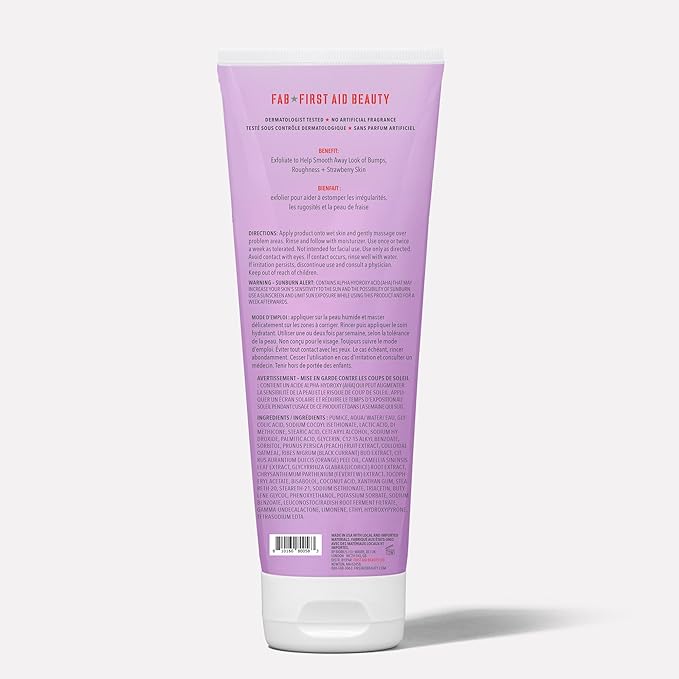 First Aid Beauty - KP Bump Eraser Body Scrub with 10% AHA, Keratosis Pilaris Exfoliator with Glycolic and Lactic acids, Helps Reduce Chicken Skin Bumps, Safe for Sensitive Skin, Peach Scent (8 oz)