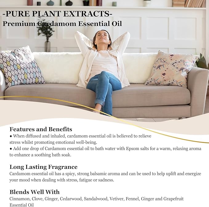 EUQEE Cardamon Essential Oil 118 ml Large Bottle Premium Cardamon Oil with Glass Dropper, Great for Diffusers, Candle & Soap Making-4oz