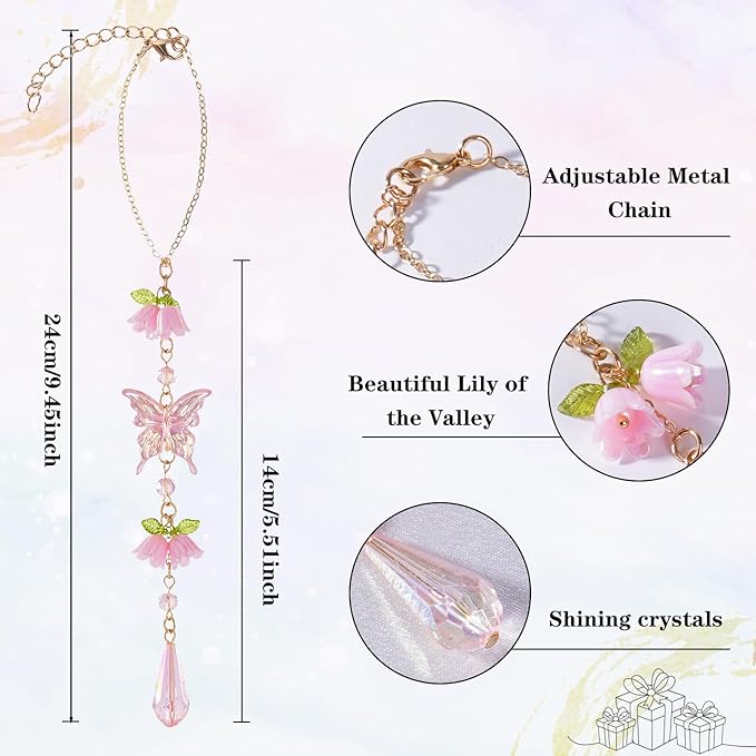 Butterfly Crystal Car Rearview Mirror Charm - Pink Lily of The Valley Flower Beaded Pendant, Elegant Hanging Cars Interior Decor Ornament & Accessories, for Women