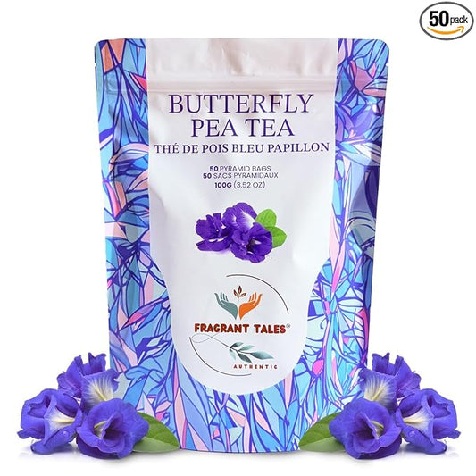 FRAGRANT TALES - Blue Butterfly Pea Flower Tea, Natural Herbal Tea, Caffeine Free, Preservative Free, 3.52 Oz, 50 Pyramid Bags