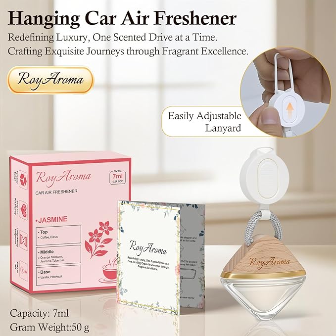 Luxury Car Perfume Diffuser with Adjustable Rope | Hanging Car Air Freshener for Men & Women | Long Lasting Essential Oil Cars Fresheners for Auto, Home, Office | Jasmine