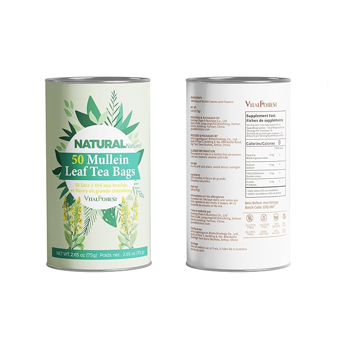 50 Mullein Tea Bags for Lungs, VitalForest 100% Pure Mullein Leave Tea, Lung Detox Cleanse Mullen Tea for Smokers Breathe Deep and Respiratory Support, Caffeine Free Mullin