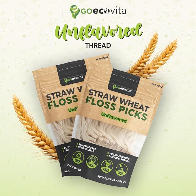 Dental Floss Picks - Straw Wheat Flossers | Thin & Shred-Resistant Thread for Tight Gaps | Flossers for Adults | Gentle on Gums & Teeth | Vegan (100 Pack, Unflavored)