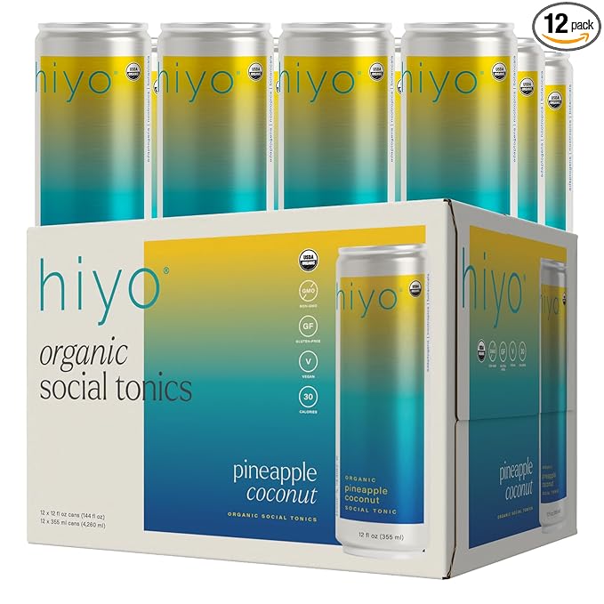 Hiyo Organic Social Tonic - Pineapple Coconut, 12 Pack - N.A. Functional Seltzer, Sparkling Water Crafted with Organic Adaptogens, Nootropics & Botanicals