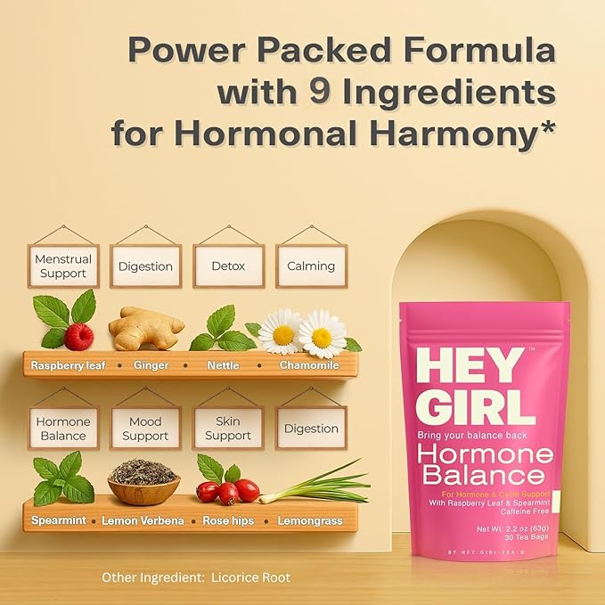 Hormone Balance for Women Tea with Spearmint, Red Raspberry Leaf, Hibiscus, Chamomile, Ginger, Nettle - For PMS, PCOS, Perimenopause & Cycle Support - Herbal Hormonal Wellness Tea Bags