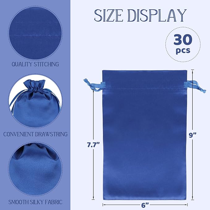 Blue Satin Cloth Gift Bags, 30Pcs 6x9 with Drawstring, Foldable Stuff Sack, Lightweight Game Toy Travel Pouch