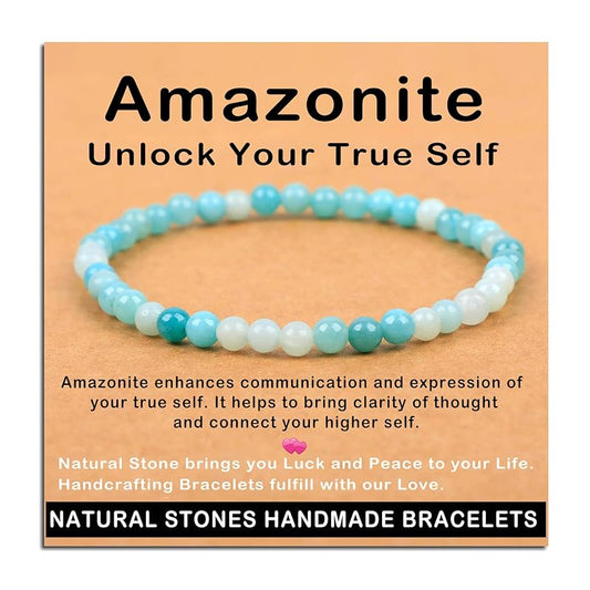 AD Beads Handmade Gemstone Stretch Elastic Bracelet Crystal Healing Reiki Nature's Beauty and Spiritual Essence Unisex (4mm, Amazonite (Unlock Your True Self))