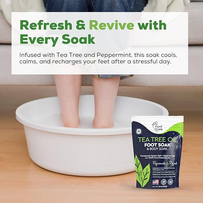 FOOT CURE Tea Tree Oil Foot Soak with Epsom Salt - Best Toenail Fungus Treatment, Athletes Foot & Softens Calluses - Soothes Sore & Tired Feet, Fungal Toe, Foot Odor Scent, Spa Pedicure (Pack of 2)