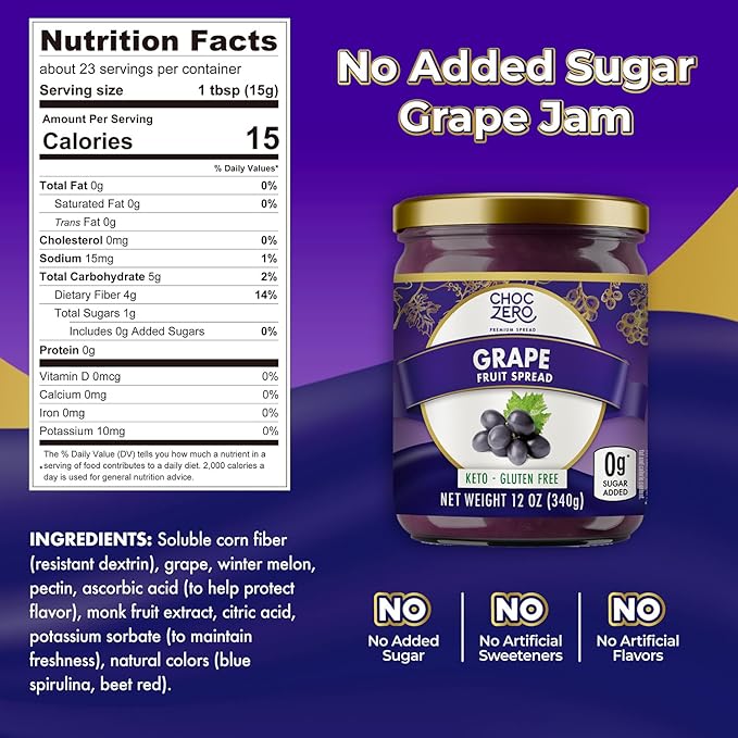 ChocZero Keto Grape Jam, No Added Sugar Fruit Spread Preserves, Concord Jelly, Great Source of Fiber, 12 Ounces (Pack of 1)