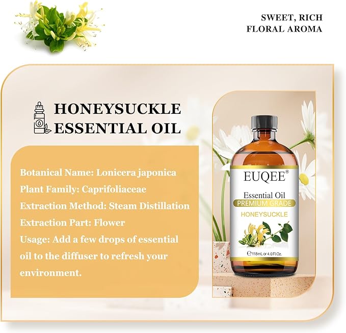 EUQEE Honeysuckle Essential Oil 118ml Pure Honeysuckle Oil Premium Essential Oil - with Glass Dropper Great for Diffuser, DIY Soap, Candle Making - 4Fl. OZ