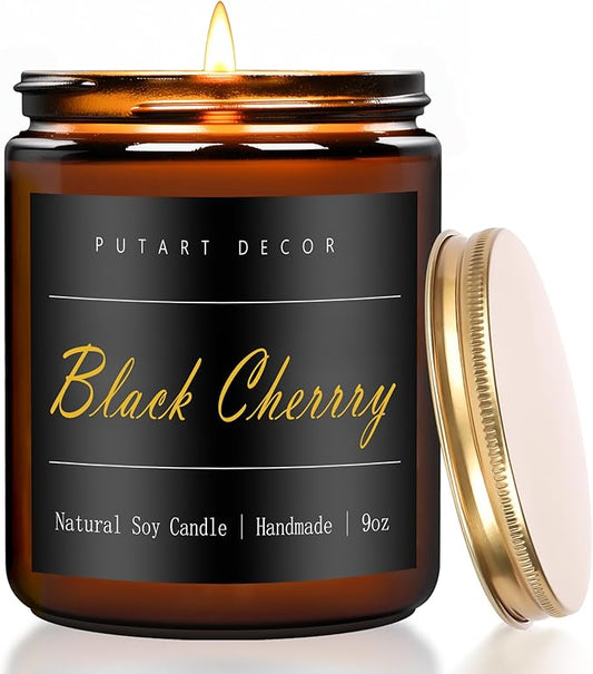 Black Cherrry Scented Candle for Home, Natural Soy Wax Aromatherapy Non Toxic Candle Gifts for Women & Men, Handmade Highly Scented & Long Lasting Jar Candle for Stress Relief (9oz)