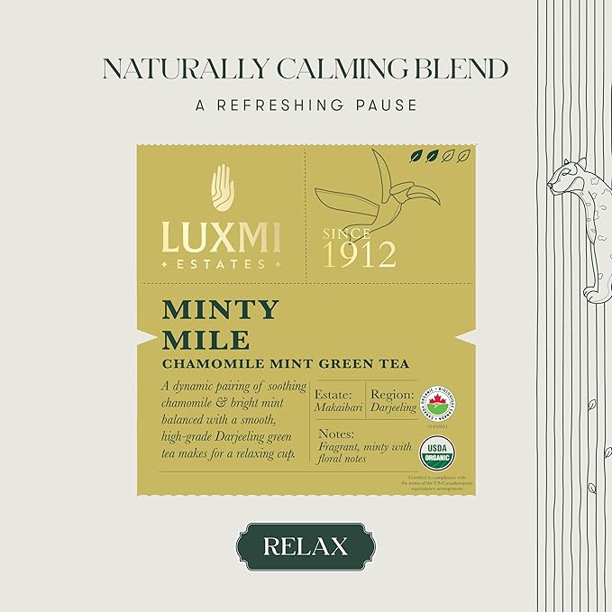 Luxmi Estates Minty Mile Organic Chamomile Mint Green Tea (50 Tea Bags) Low Caffeine Tea Bags For Relaxing, Calming, and Stress Relief, With Certified Organic Darjeeling Makaibari Green Tea