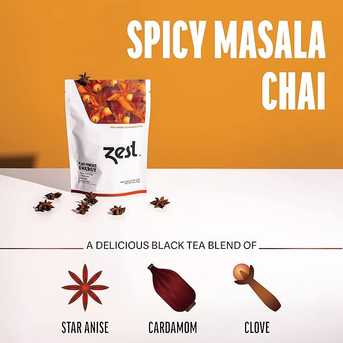 Zest Energy Black Tea - Spicy Masala Chai Loose Leaf Blend - High Caffeine Cardamom Ginger Tea with Cinnamon - Caffeinated Coffee Altnernative - Natural, Non-GMO & Keto - 50 Servings - 150mg Caf