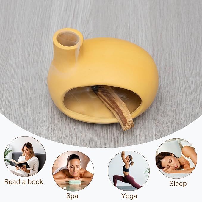 Yellow Palo Santo Holder with Chimney–Mini Fireplace Incense Burner for Sage Burning, Wood Sticks, Cones&Tealights-Handcrafted Ceramic Smudge Bowl,Aromatic Incense Burner-Yoga Meditation Gift