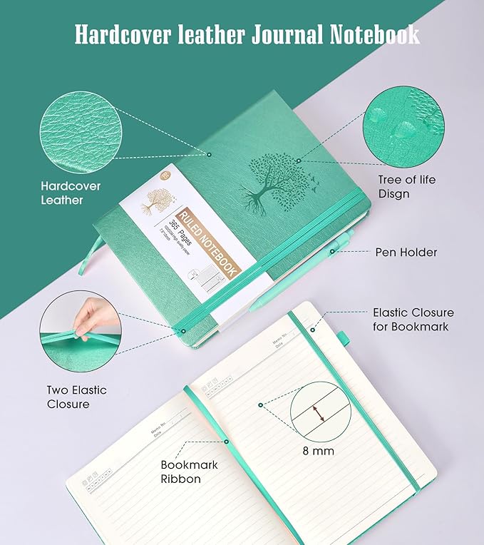 Lined Journal Notebook, 365 Pages B5 Large Journals for Writing Ruled Notebook, Hardcover Leather Journal for Women Men, Daily Notebook for Work, Note Taking, 100Gsm Thick Paper( 7.6'' X 10'' Teal)