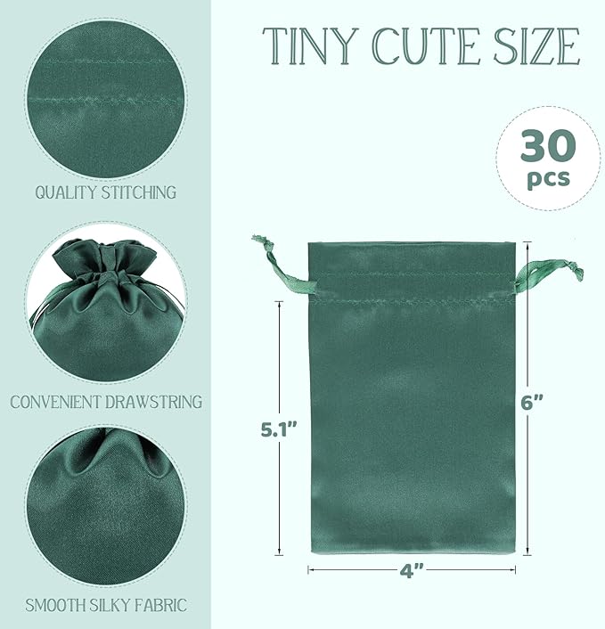 Green Satin Bags with Drawstring, 30Pcs 4x6 Small Gift Bags, For Kids Classroom, Wedding, Birthday, or Halloween Party, Rubics Cube, Candy, Dice, Coin, for Small Business