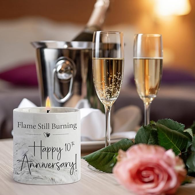 10th Anniversary Candle - 10th Anniversary Present for Him, Her, Wife, Husband, 10 Year Aniversario Gifts for Men & Women, Couple - 6 Oz Porcelain Lavender Candle