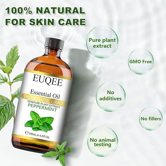 EUQEE Peppermint Essential Oil 118 ml Pure Peppermint Oil with Glass Dropper, Great for Aromatherapy, Diffuser, Soap Candle Making - 4Fl. Oz