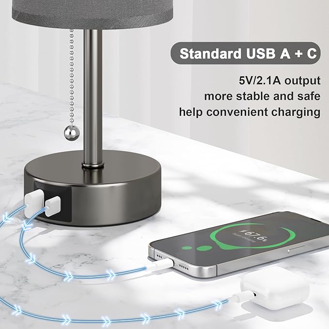 Grey Bedside Lamp for Bedroom Nightstand - Small Table Lamp with USB A + C Charging Port, 3 Color Temperatures Pull Chain Night Stand Light, Side Table Desk Reading Lamp for Living Room/Study Room